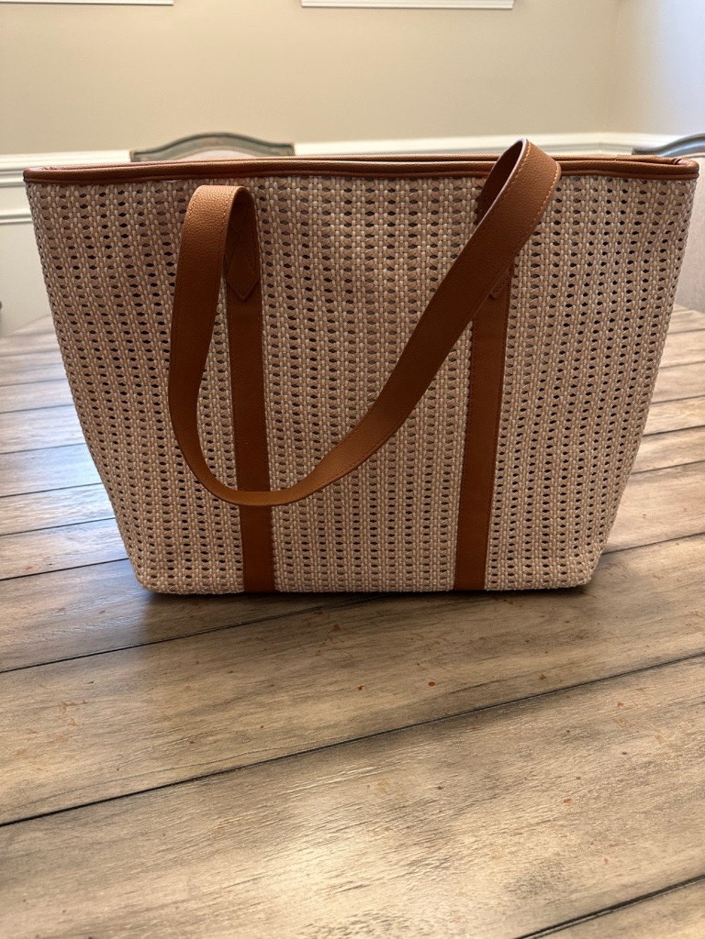 Thirty One laptop Brown leather tote. Cream front. New without tags